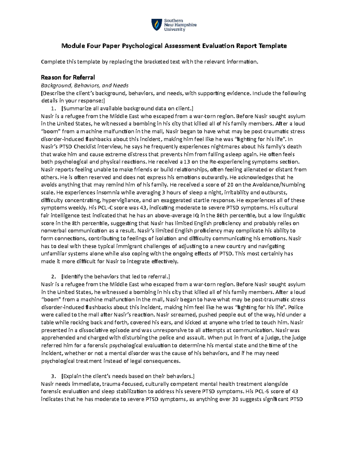 PSY 335 Module Four Paper: Psychological Assessment of Nasir's PTSD ...