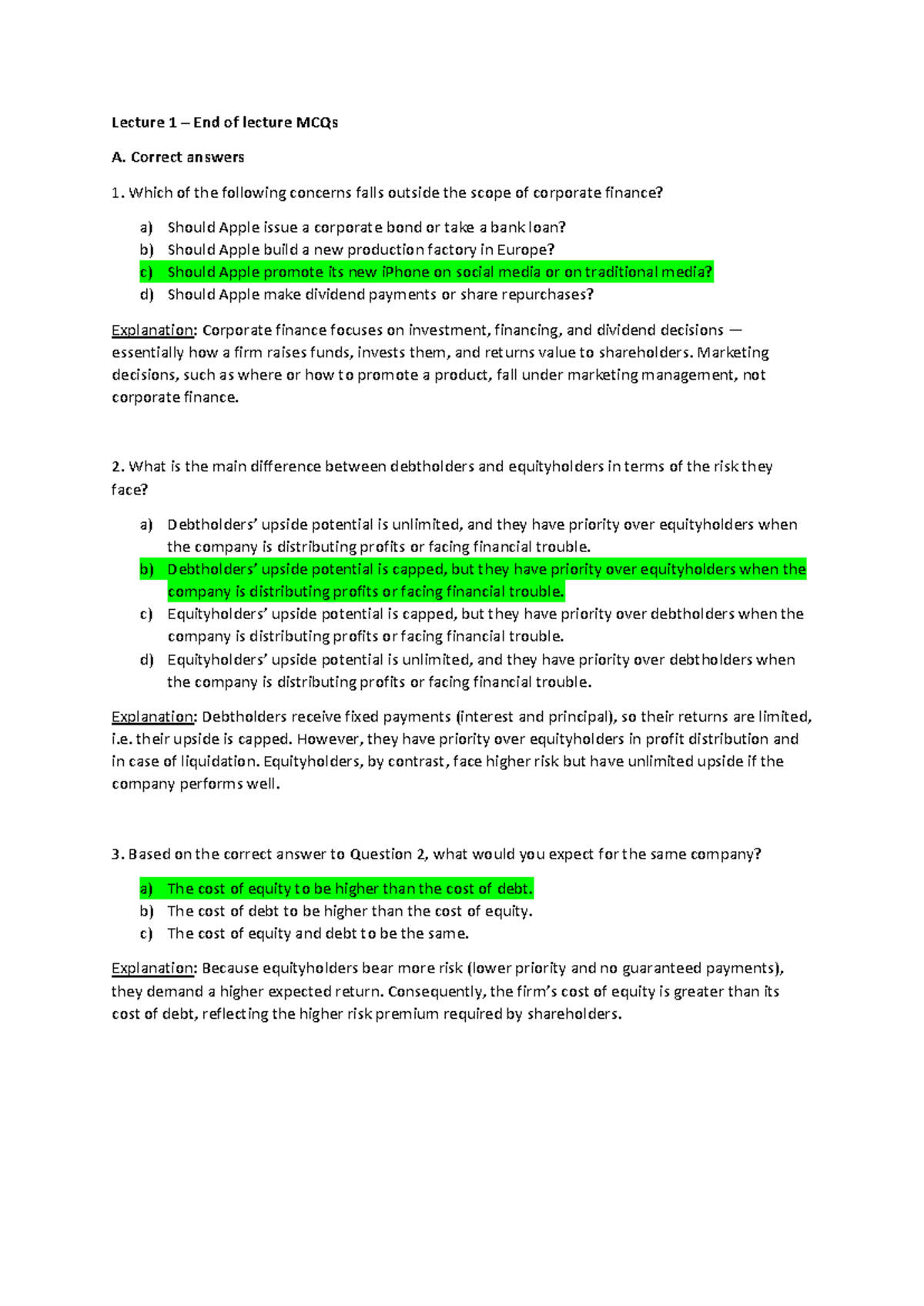 Lecture 1: Intro to Corporate Finance MCQs & Answers - Studocu