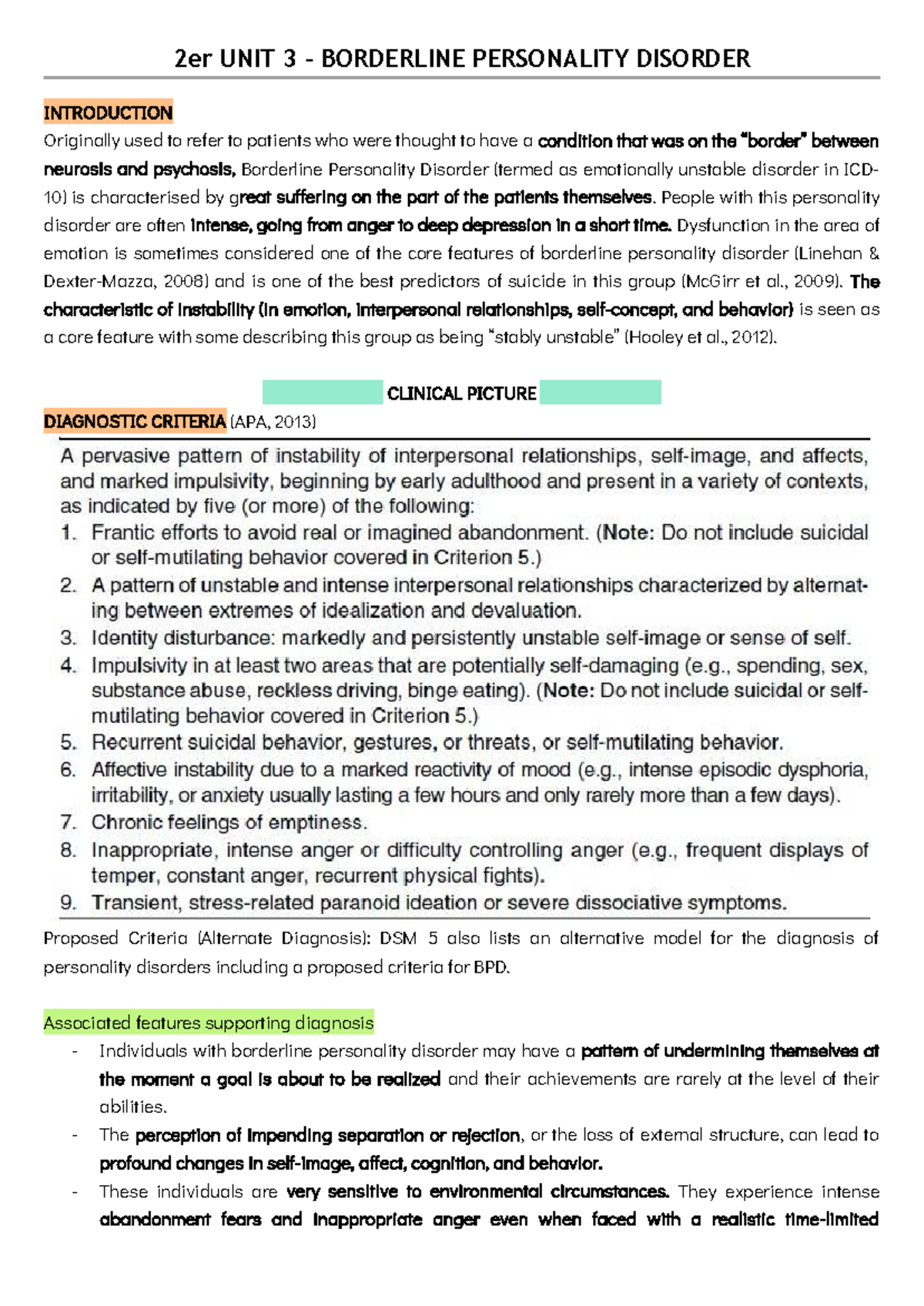 2er UNIT 3: Understanding Borderline Personality Disorder (BPD) - Studocu