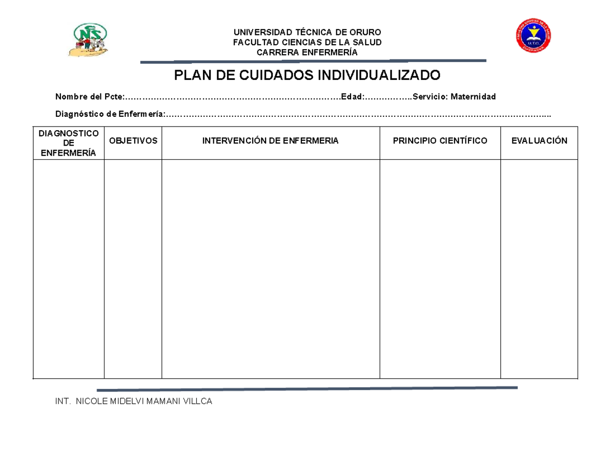 PLAN DE Cuidados - UNIVERSIDAD TÉCNICA DE ORURO FACULTAD CIENCIAS DE LA ...