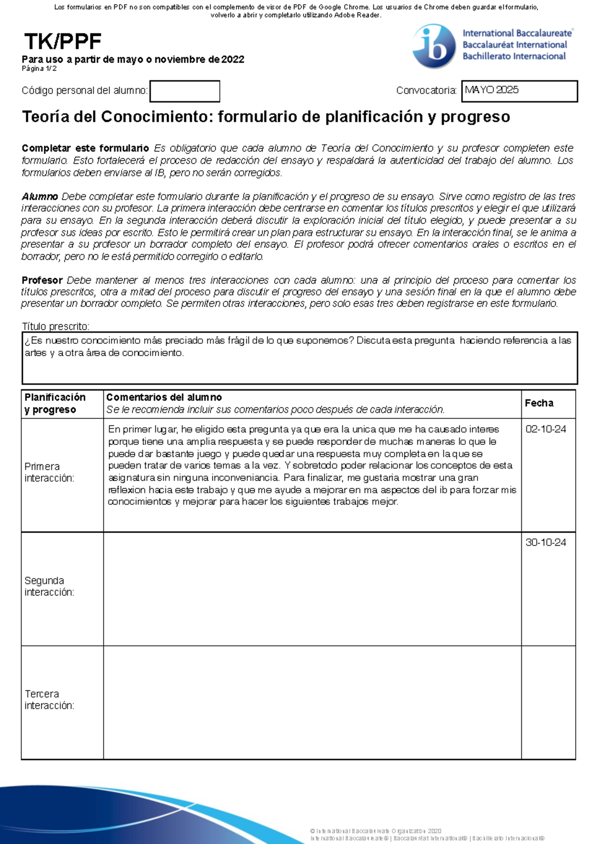 TDC Planning and Progress Form for Theory of Knowledge (TK/PPF) - Studocu
