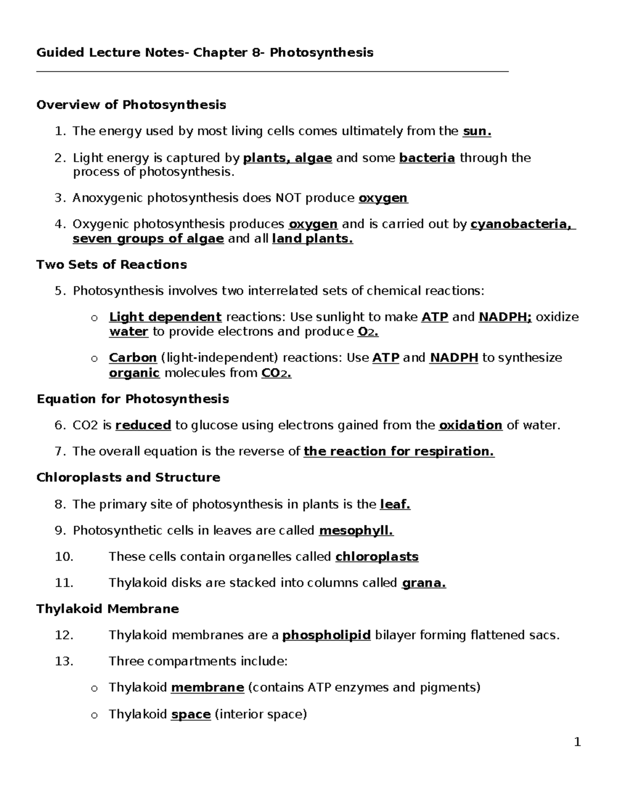 Guided Lecture Notes - CH 8: Overview of Photosynthesis Processes - Studocu