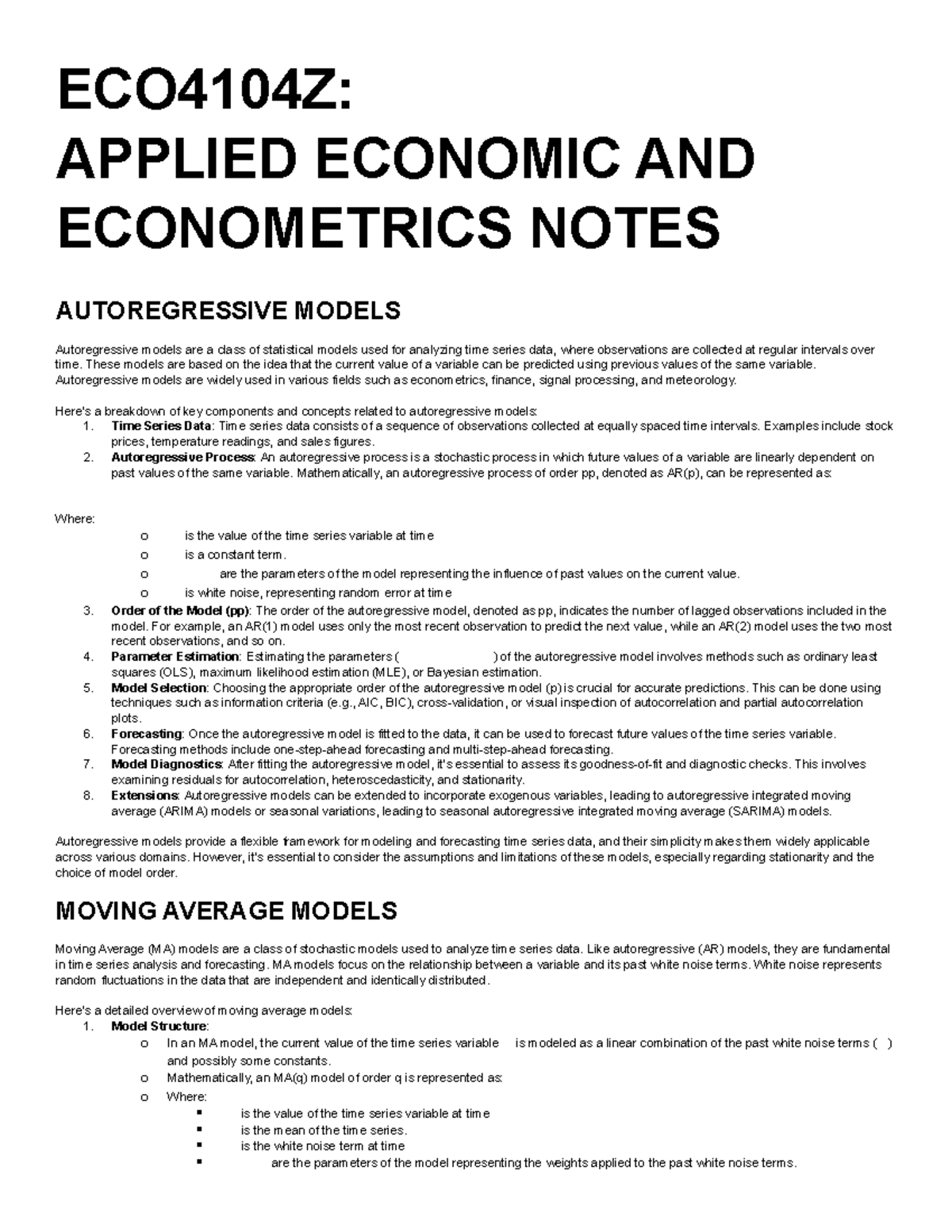 ECO4104Z Lecture Notes - Autoregressive & Moving Average Models - Studocu