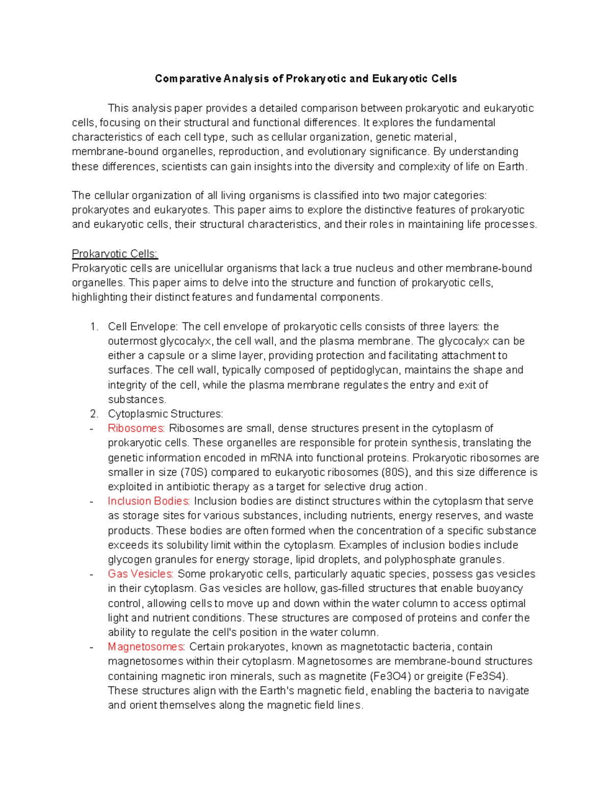 Comparative Study of Prokaryotic & Eukaryotic Cells Analysis - Studocu