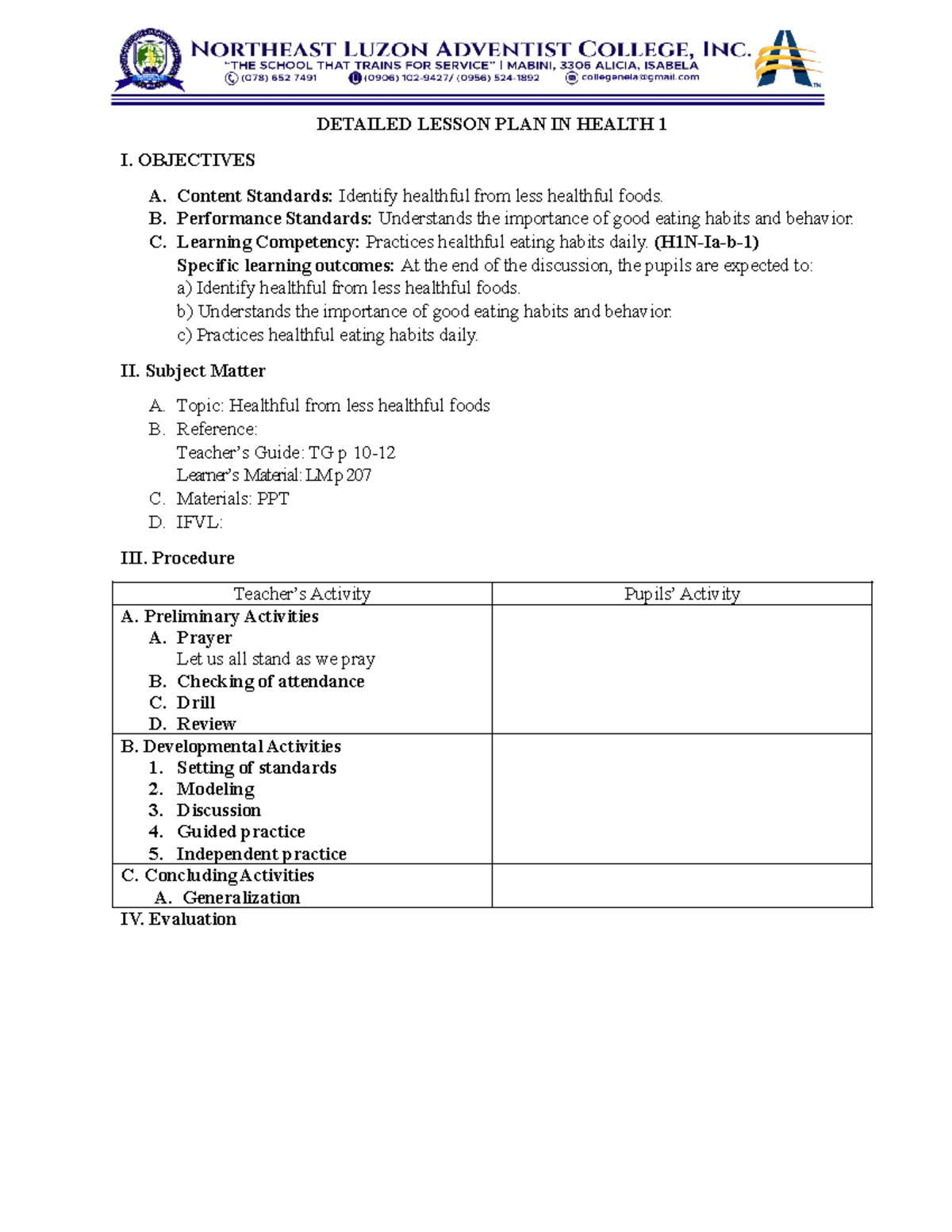 DLP Health 1 - detailed lesson plan - DETAILED LESSON PLAN IN HEALTH 1 ...
