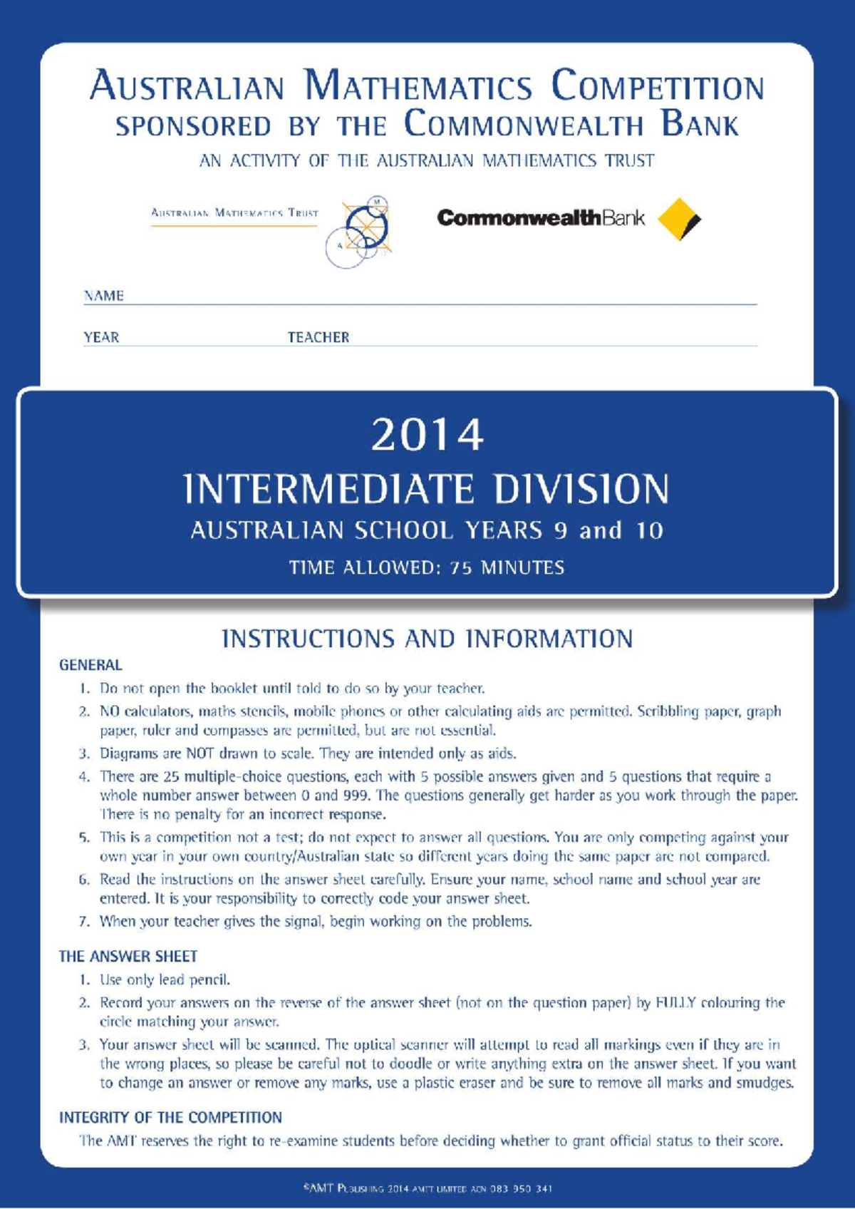 2014 AMC Intermediate Division Exam Instructions and Questions - Studocu