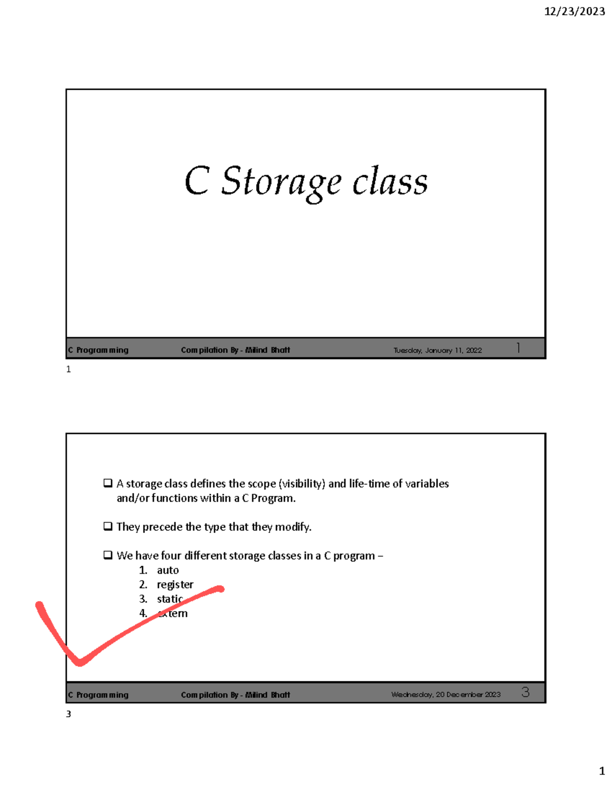 C Programming (CST101) Storage Classes Notes - Studocu