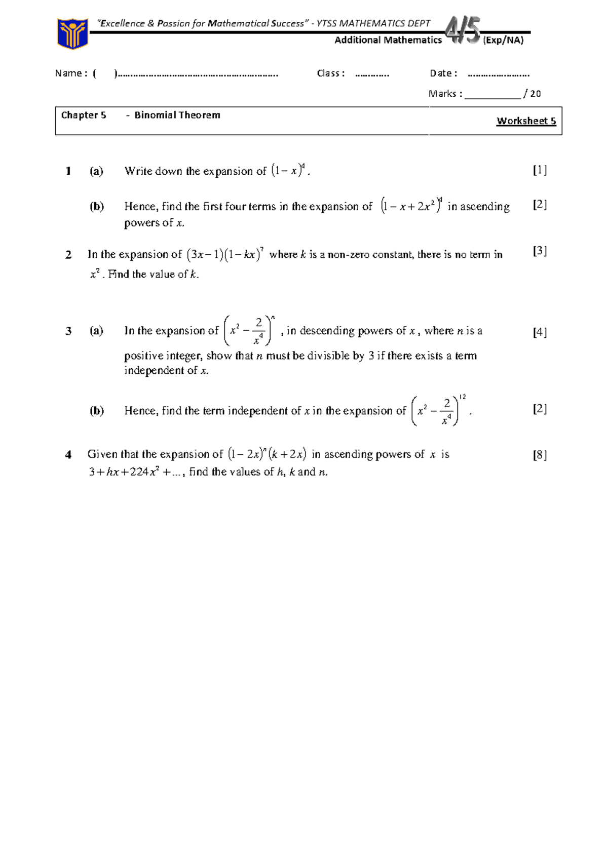 Ws5: Binomial Theorem Worksheet - Expansion and Terms Analysis - Studocu