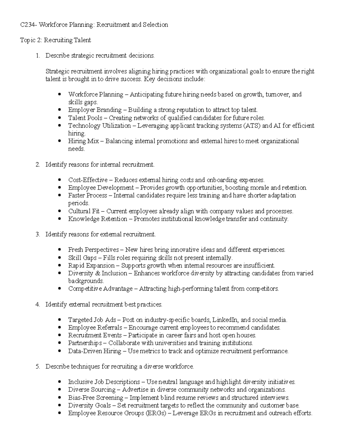 C234 - Study Guide: Workforce Planning & Recruitment Strategies - Studocu