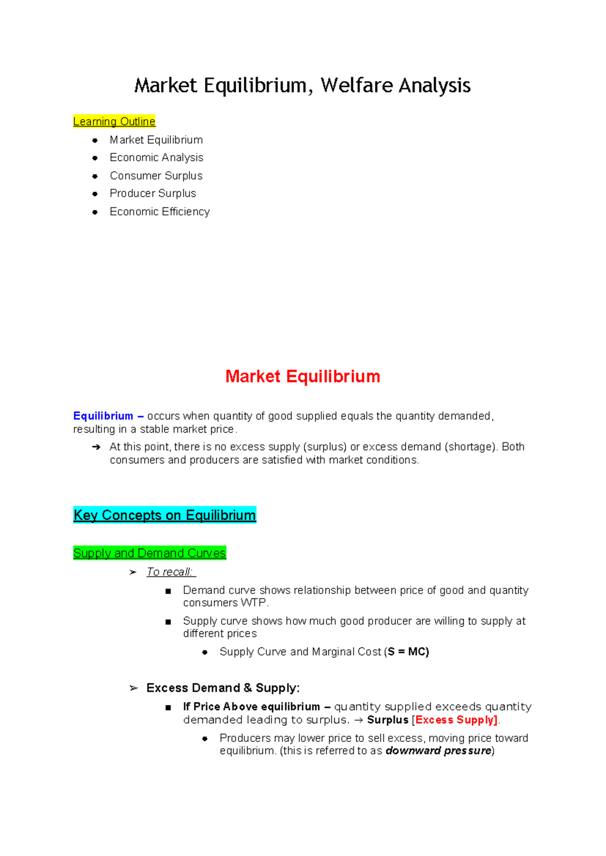 Market Equilibrium & Welfare Analysis (ECO 101) Learning Outline - Studocu