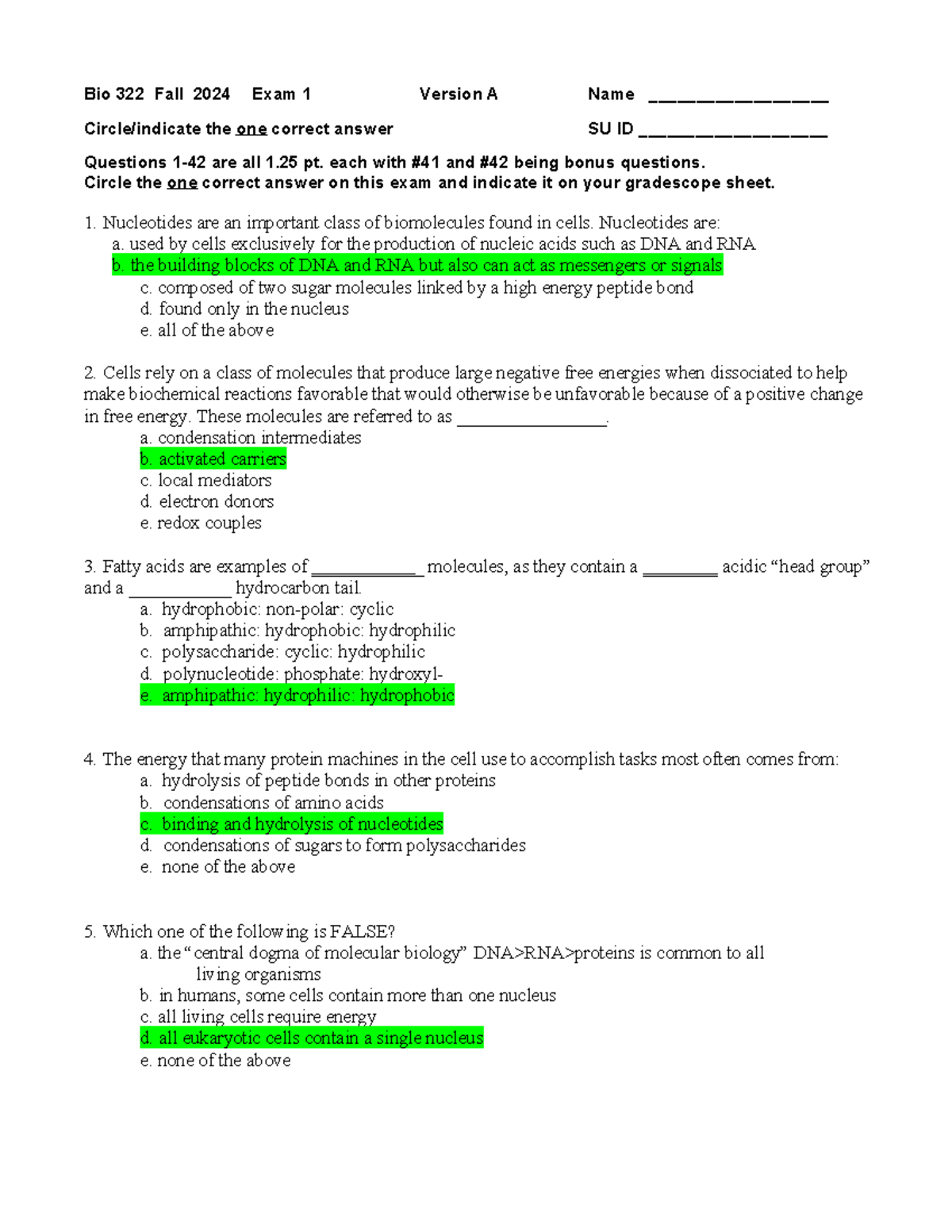 Bio 322 Fall 2024 Exam 1 Key - Version A Answers - Studocu