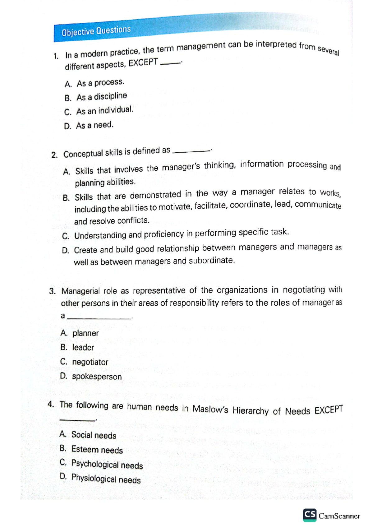 MCQ - Fundamentals of Management - Objective Questions 1. In a modern ...