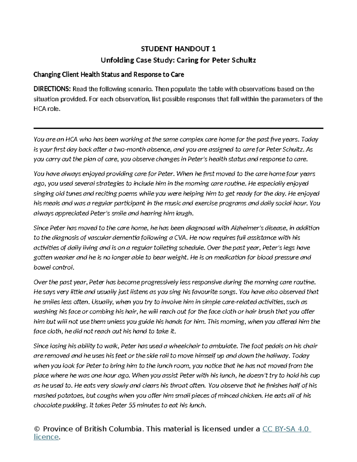HCA Case Study: Observations & Responses for Peter Schultz (PCA-2 ...