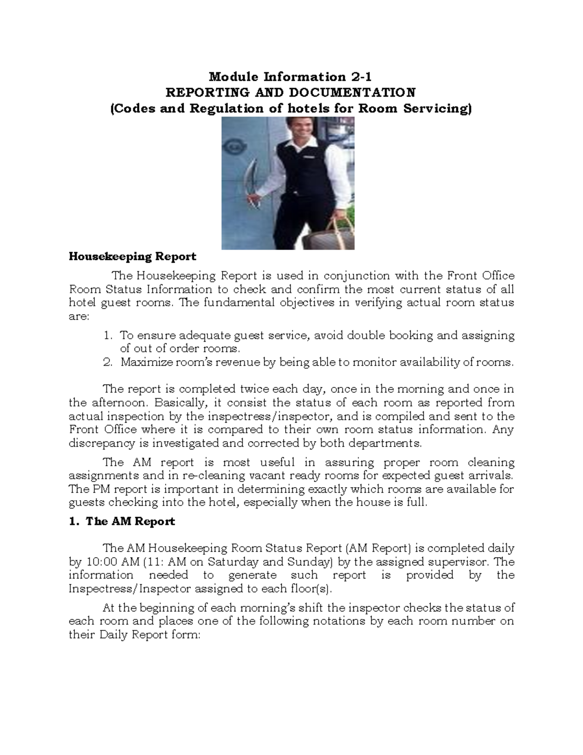 Module Information: Housekeeping Room Status Report & Access Procedures ...
