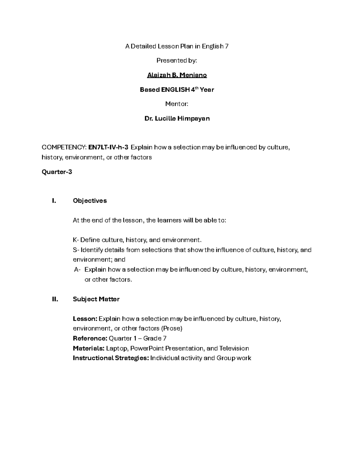 A Detailed Lesson Plan in English 7 Prose by Alaizah Meniano - A ...