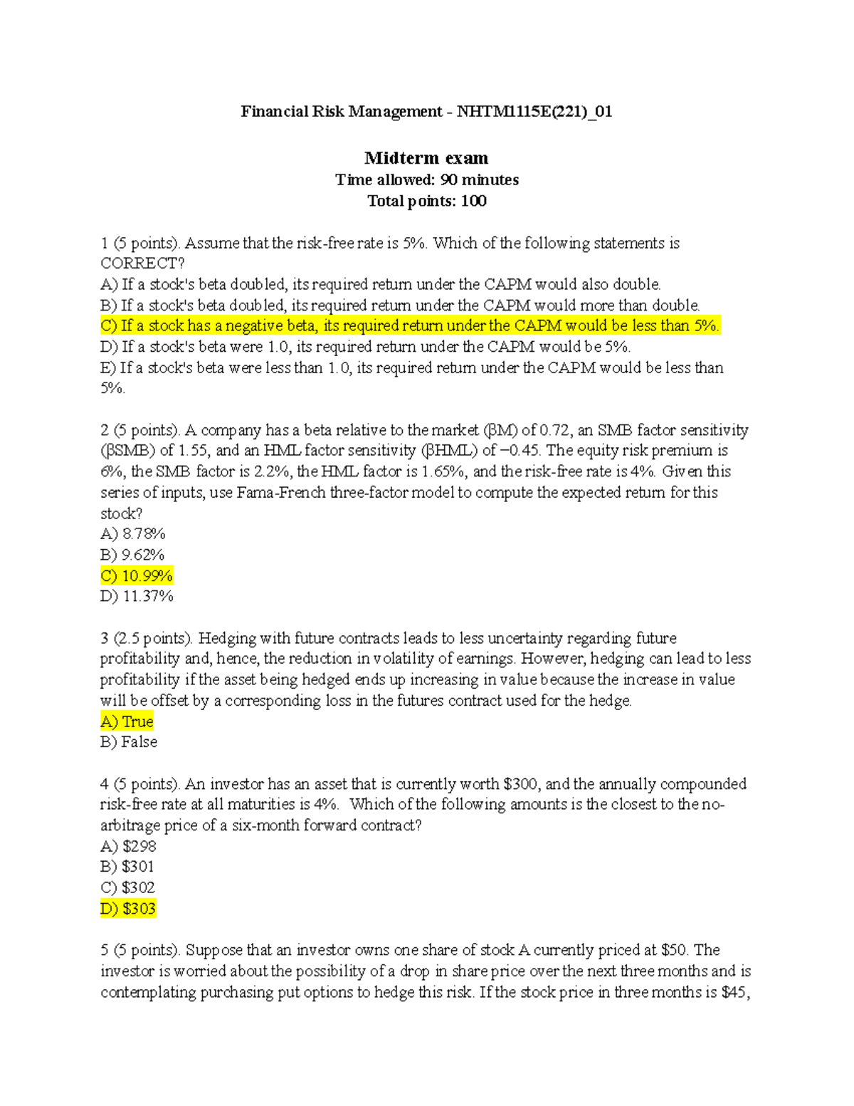 Financial Risk Management - NHTM1115E Midterm Exam Solutions - Studocu