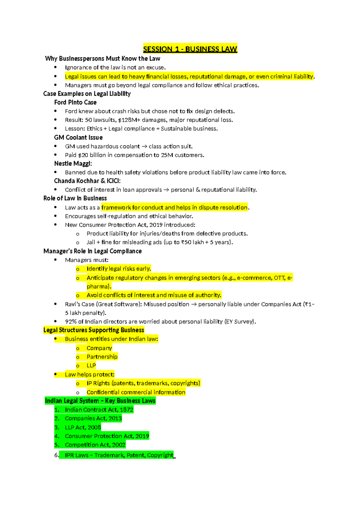 SG BL Short Notes: Business Law Sessions 1-4 Overview - Studocu