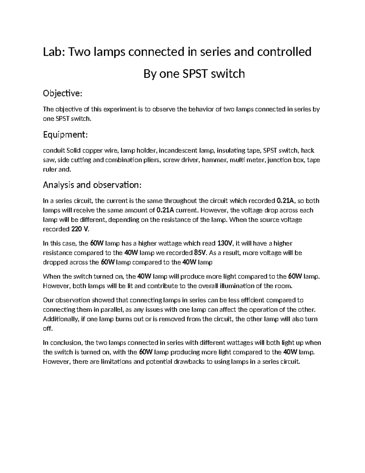 Lab12: Series Circuit Behavior of Two Lamps with SPST Switch - Studocu