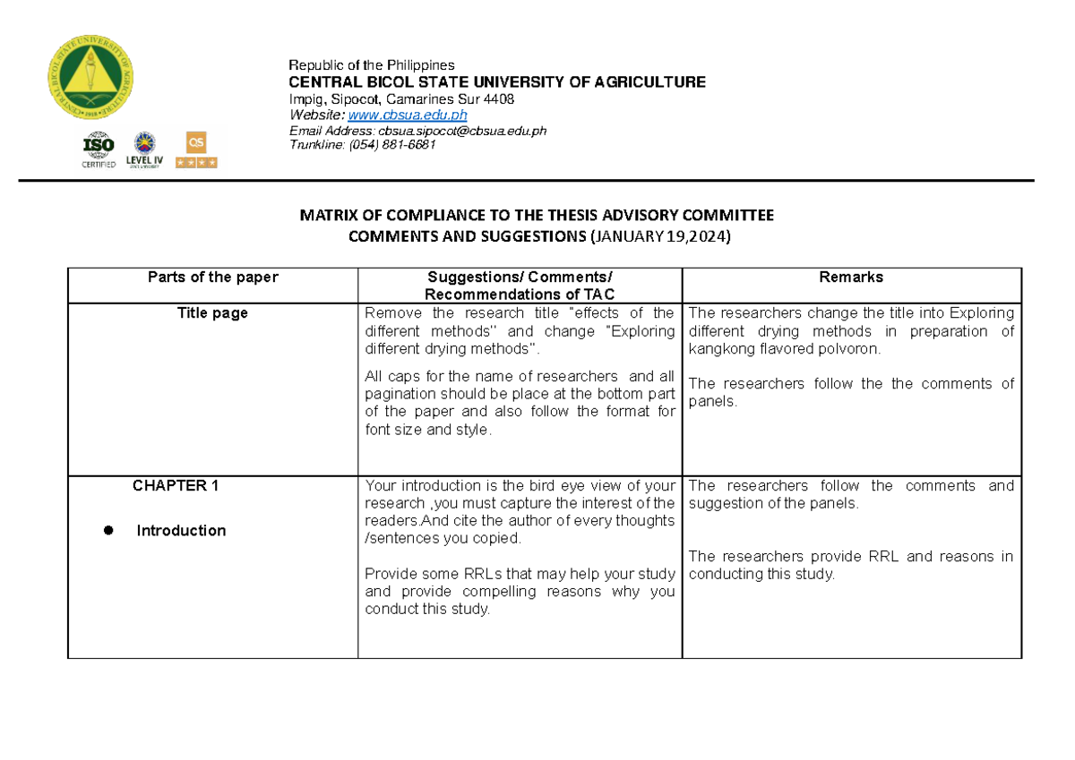 Matrix of Compliance to TAC Comments for Thesis (716015088) - Studocu