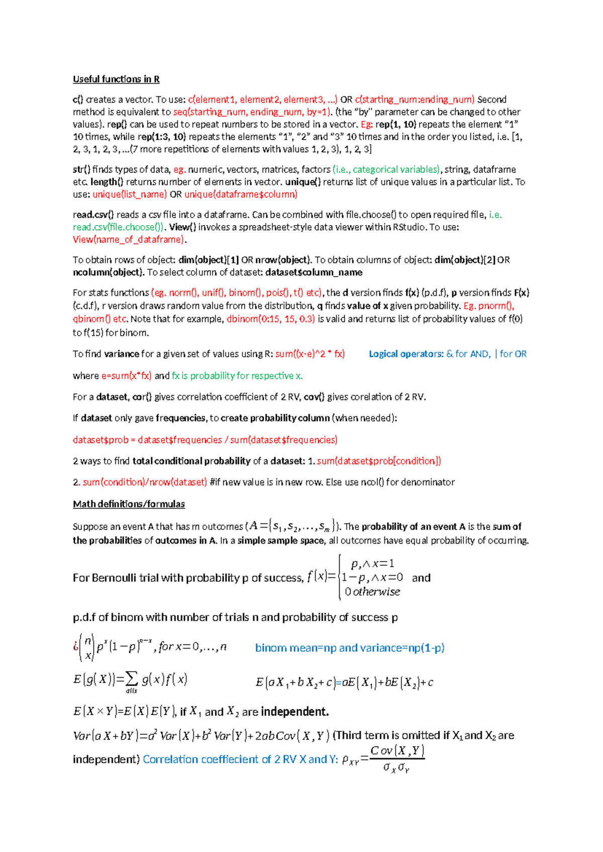 Cheatsheet for Quiz 1 - Useful functions in R c() creates a vector. To ...