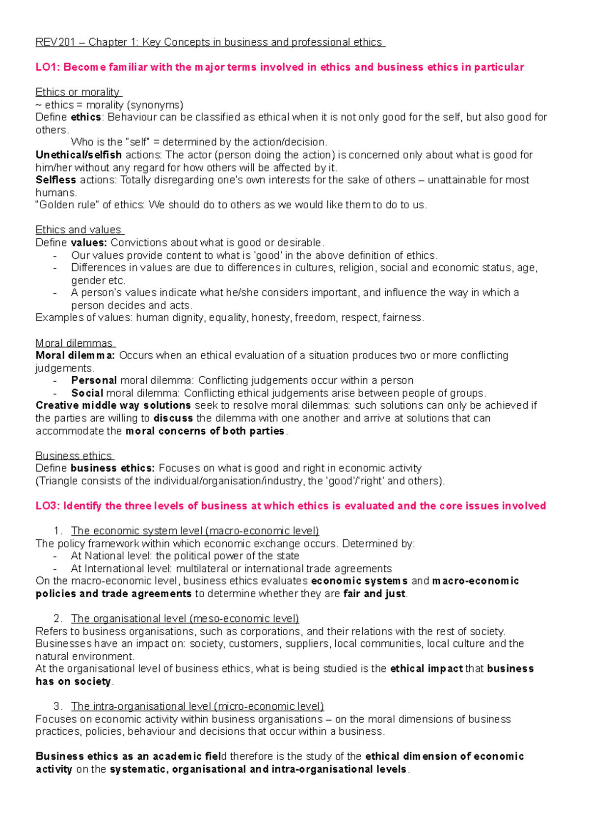 REV201 - Chapter 1 Summary: Key Concepts in Ethics & Corporate ...