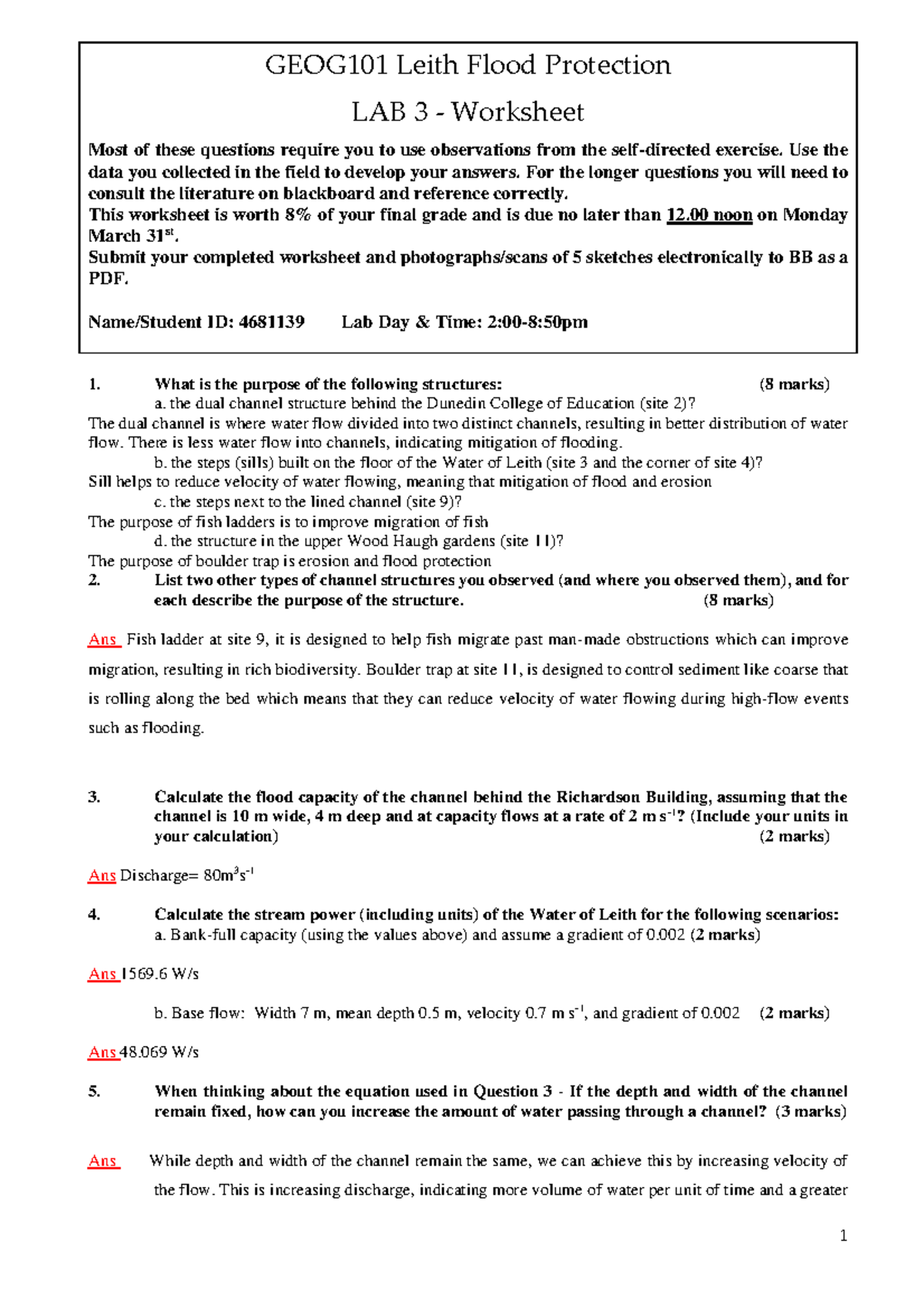 GEOG101 Final Exam: Leith Flood Protection Lab 3 Worksheet - Studocu