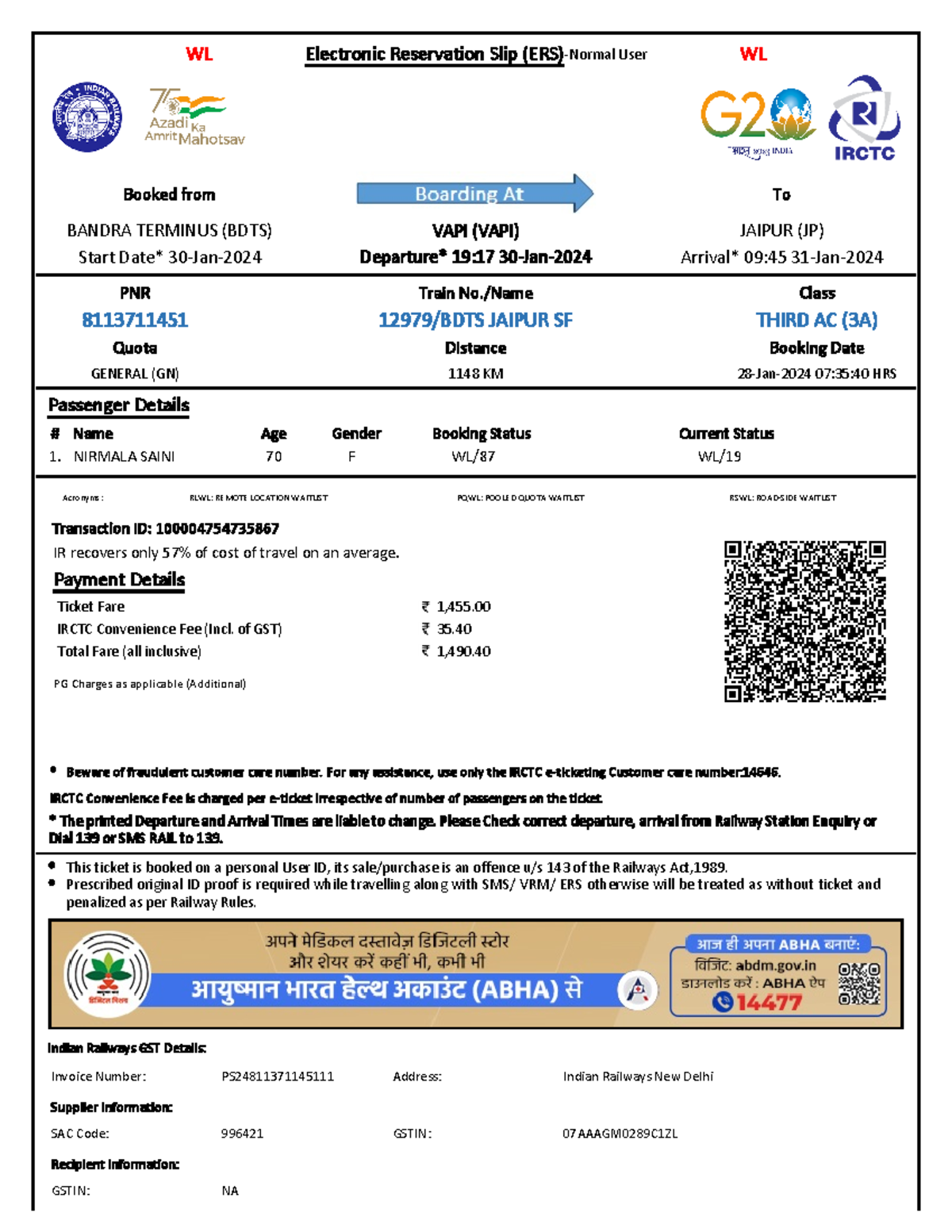 8113711451 - Confirmation Details for Train Journey from BDTS to JP ...