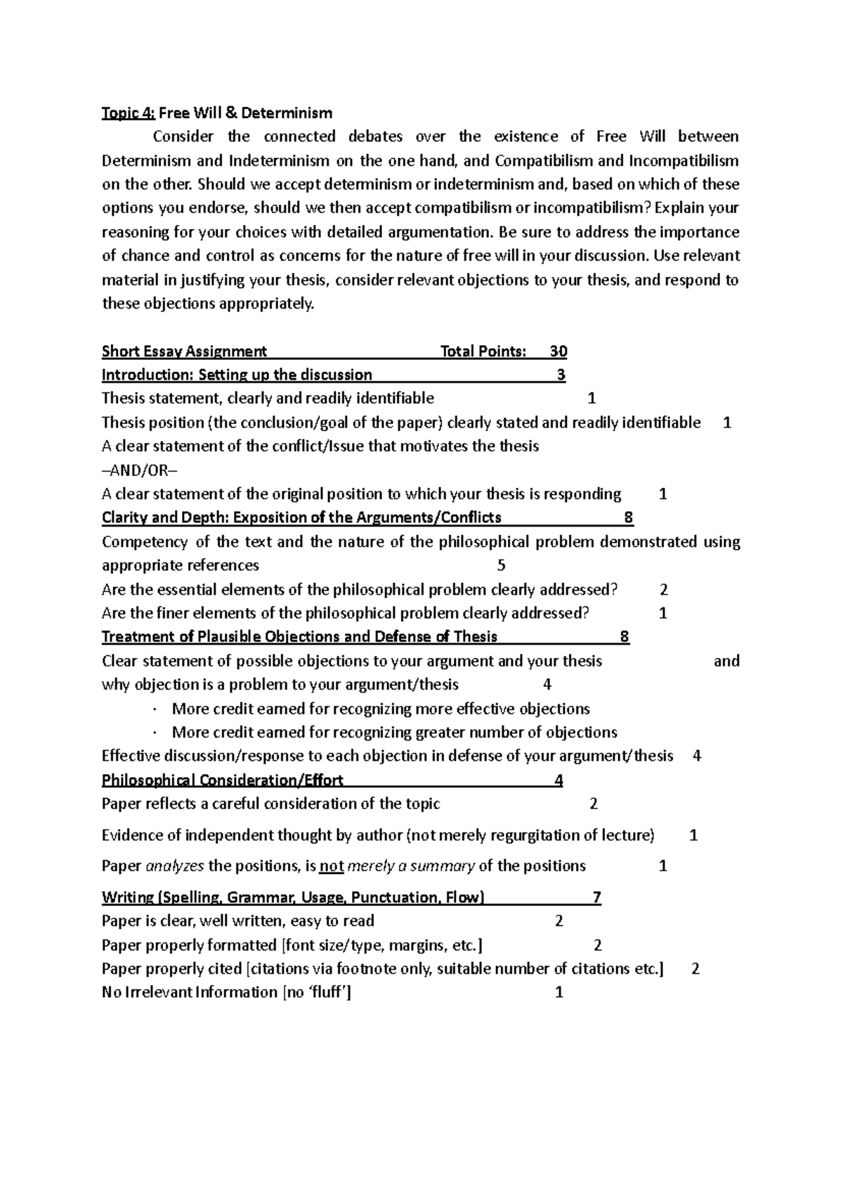 Final Essay on Free Will & Determinism - PHIL1301 (Score: 29/30) - Studocu