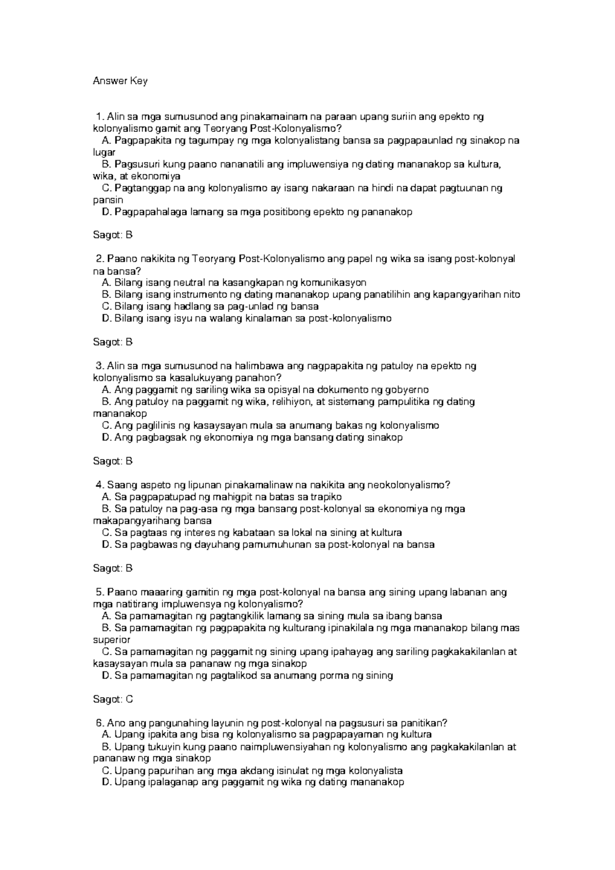 Answer-KEY- Random - NONE - Answer Key 1. Alin sa mga sumusunod ang ...