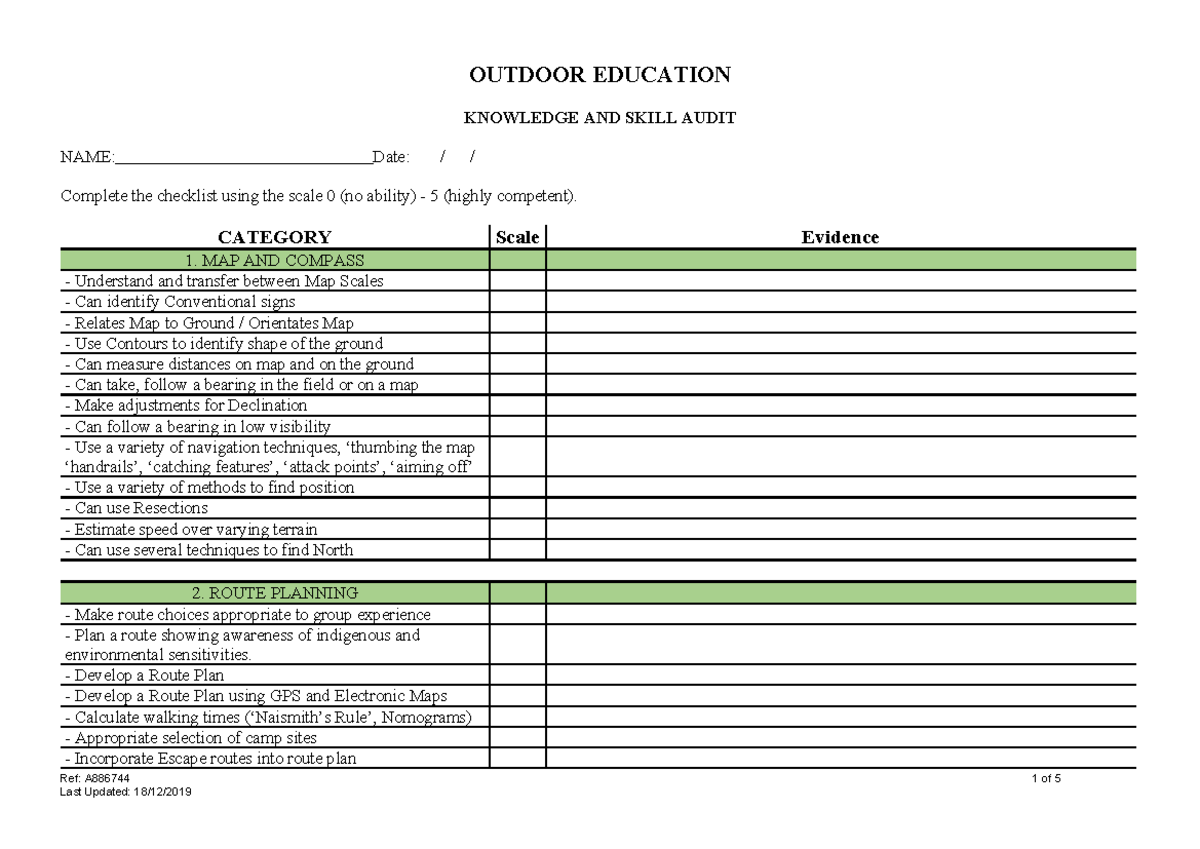 OUTDOOR EDUCATION SKILL AUDIT REFLECTIVE TOOL A886744 - Studocu