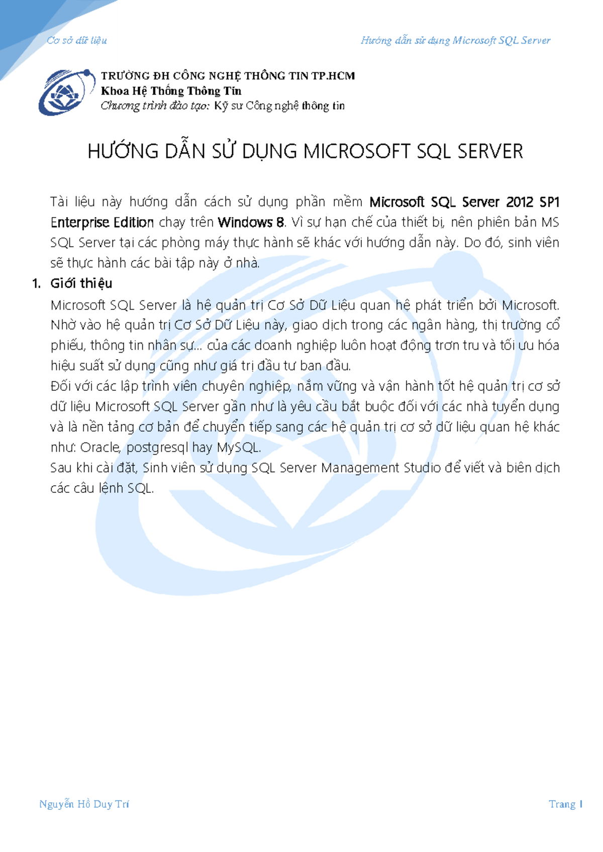 Hướng Dẫn Sử Dụng Microsoft SQL Server 2012 - Cơ Sở Dữ Liệu - Studocu