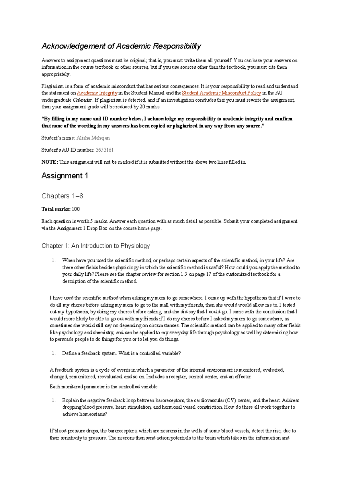 Assignment 1 - Acknowledgement of Academic Responsibility Answers to ...