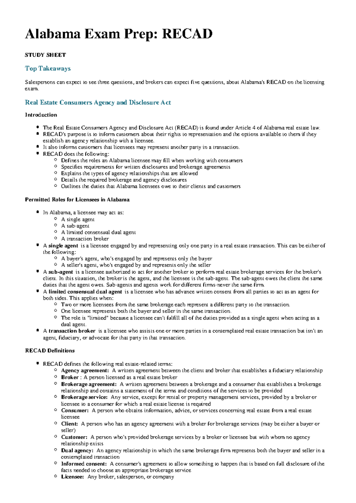 Alabama Exam Prep: RECAD Study Sheet for Real Estate Licensing - Studocu