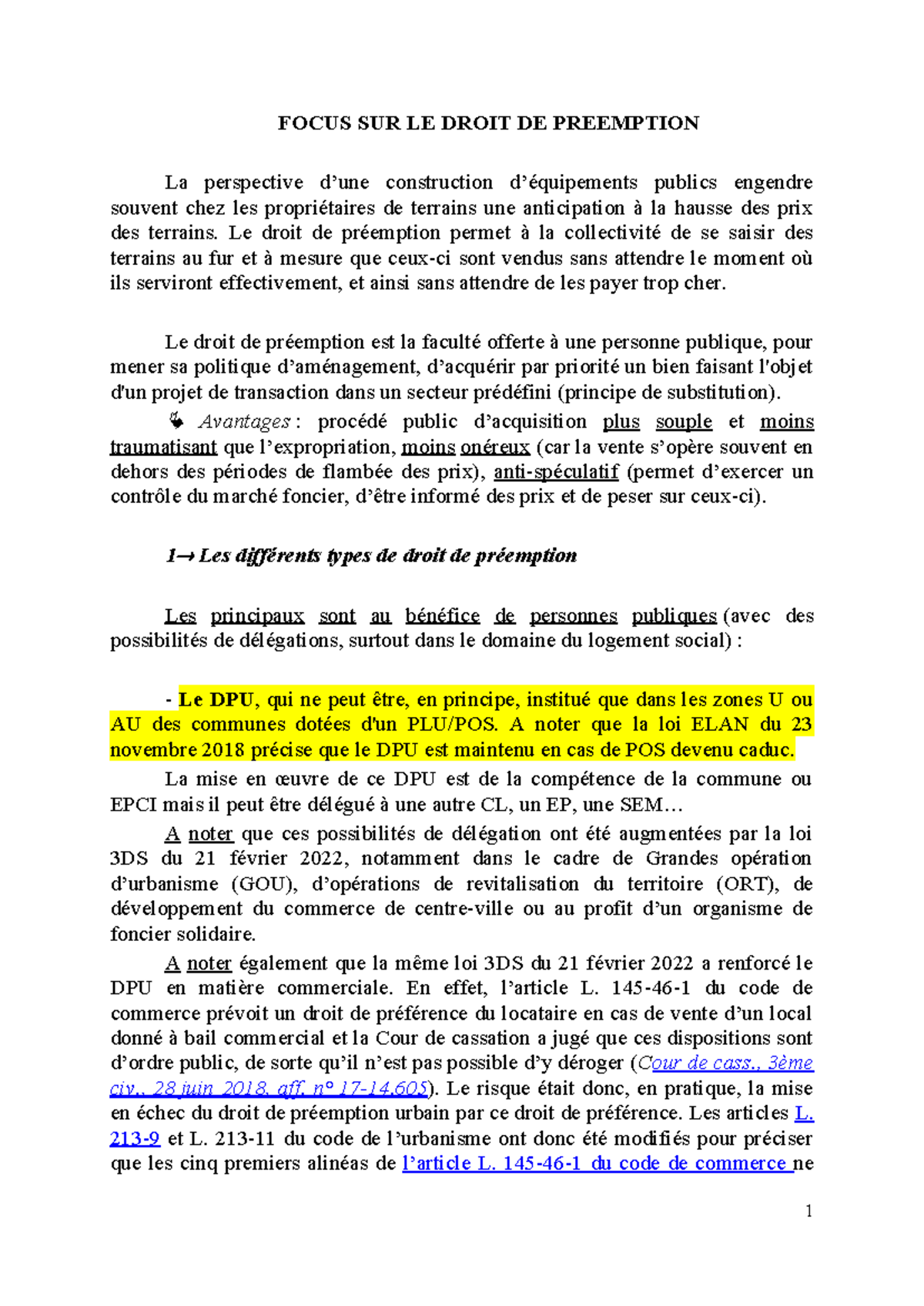 Focus sur le Droit de Préemption : Analyse et Perspectives - Studocu