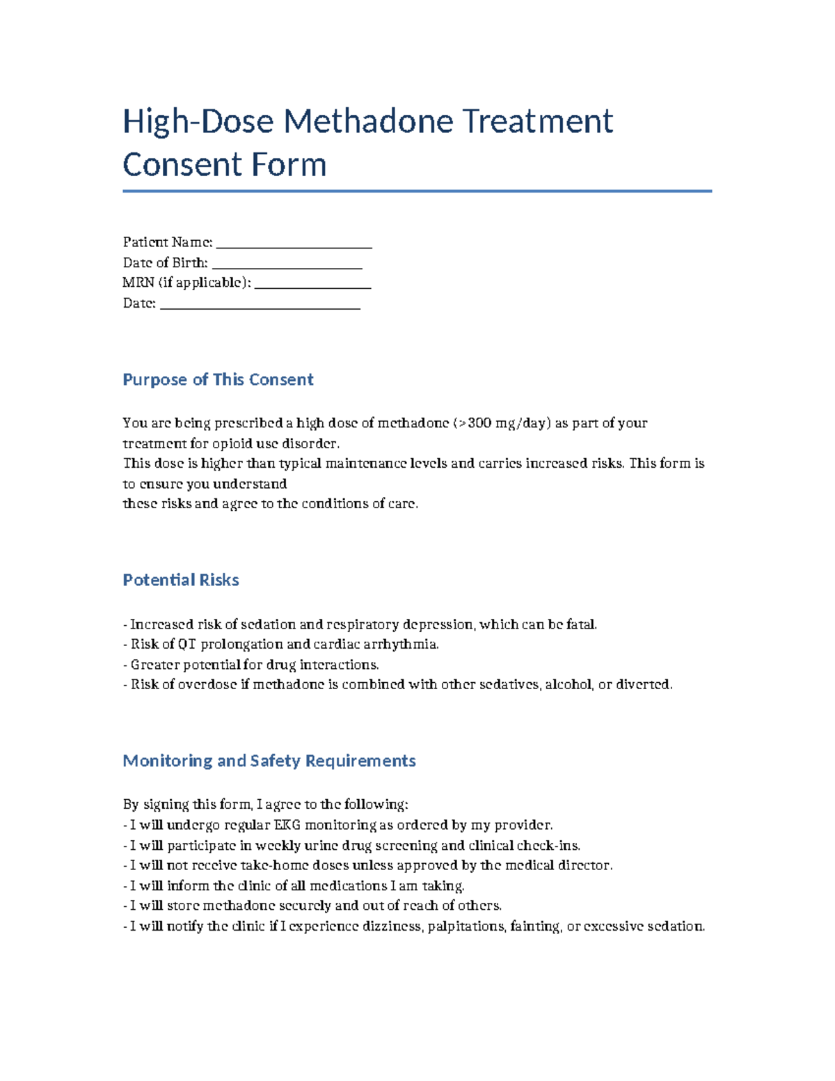 High Dose Methadone Consent Form - High-Dose Methadone Treatment ...