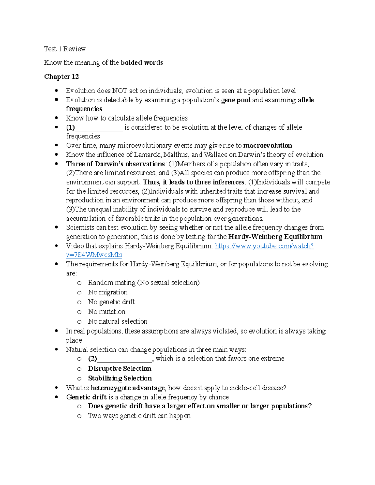 BIOL 101: Evolution & Natural Selection Review for Chapters 12-15 - Studocu