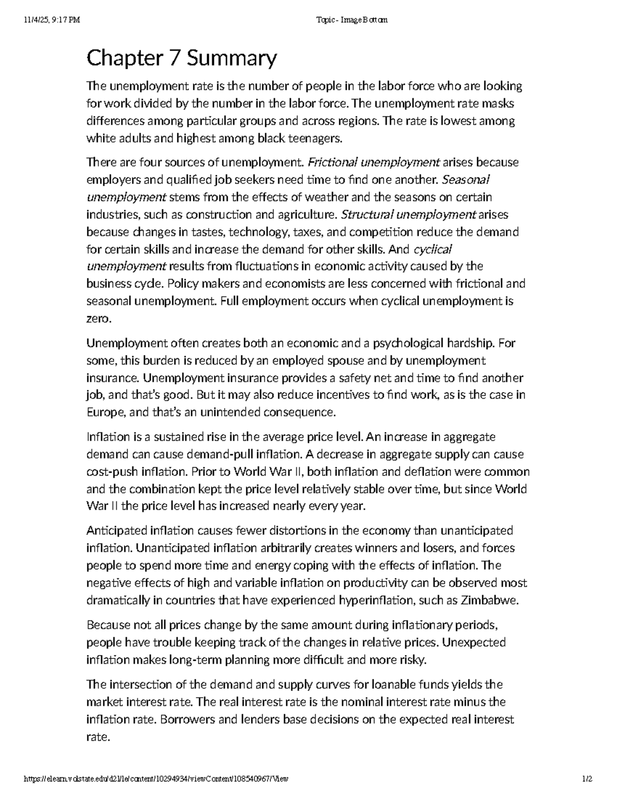 Chapter 7 Summary: Unemployment and Inflation - Studocu