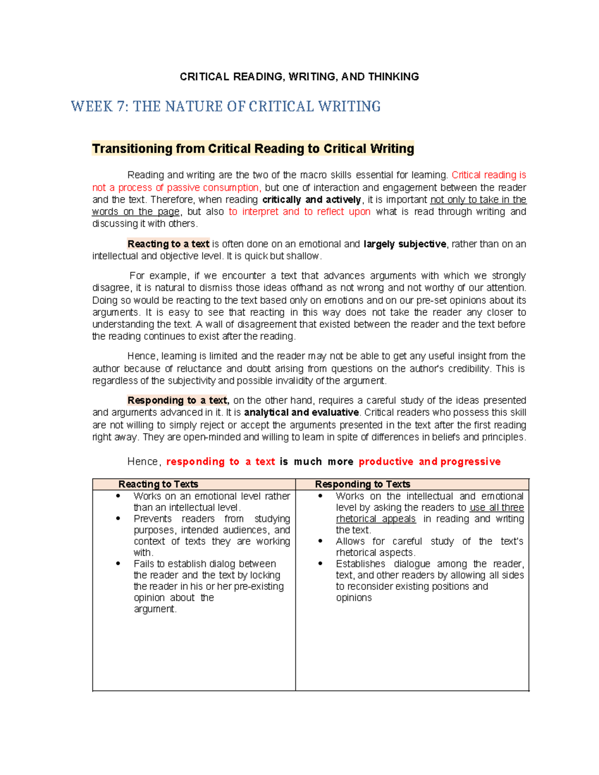 CRWT Mditerms Reviewer - CRITICAL READING, WRITING, AND THINKING WEEK 7 ...
