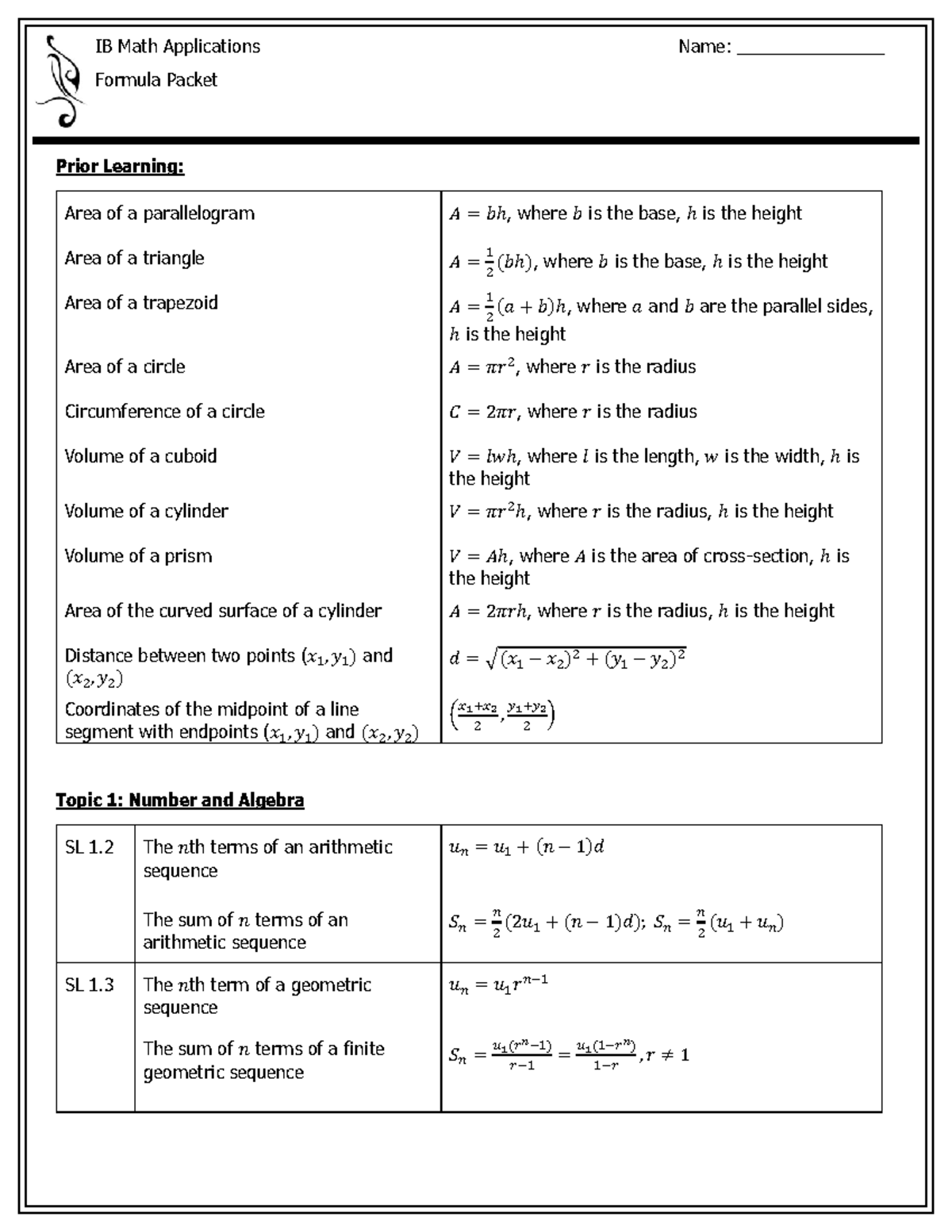 Math AI Formula Packet for SL Course: Key Formulas & Concepts - Studocu