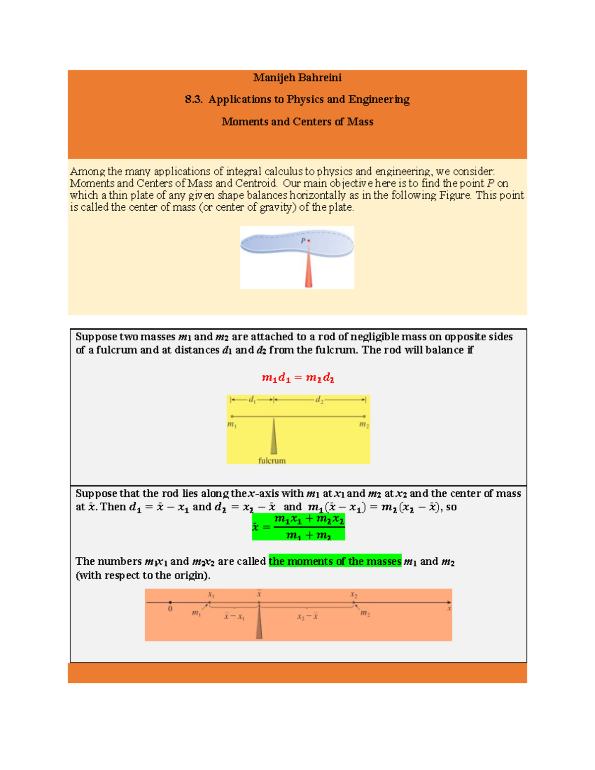 Moments and Centers of Mass: Applications in Physics & Eng. (8.3) - Studocu