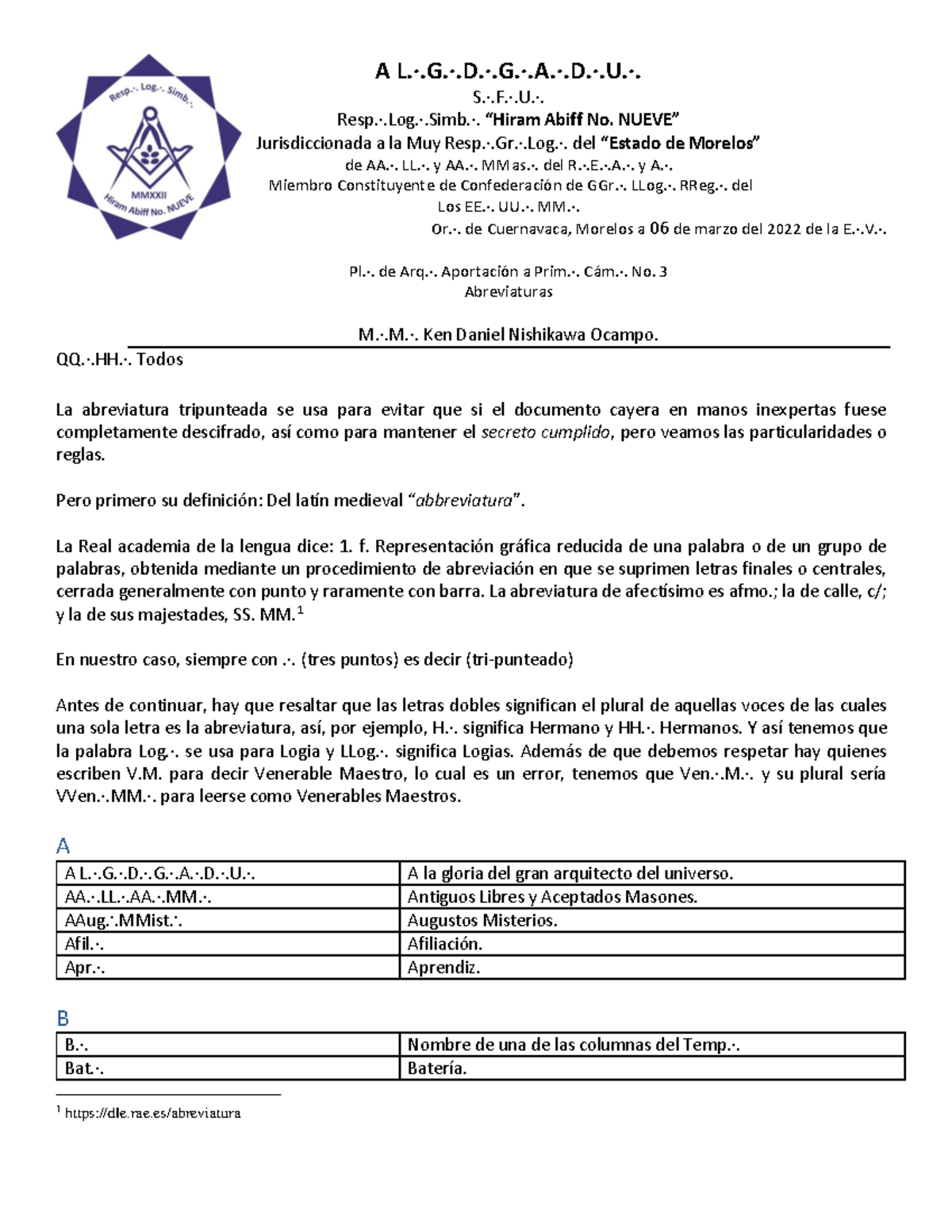 Abreviaturas y Reglas de Uso en la Masonería - Aportación No. 3 - Document Preview