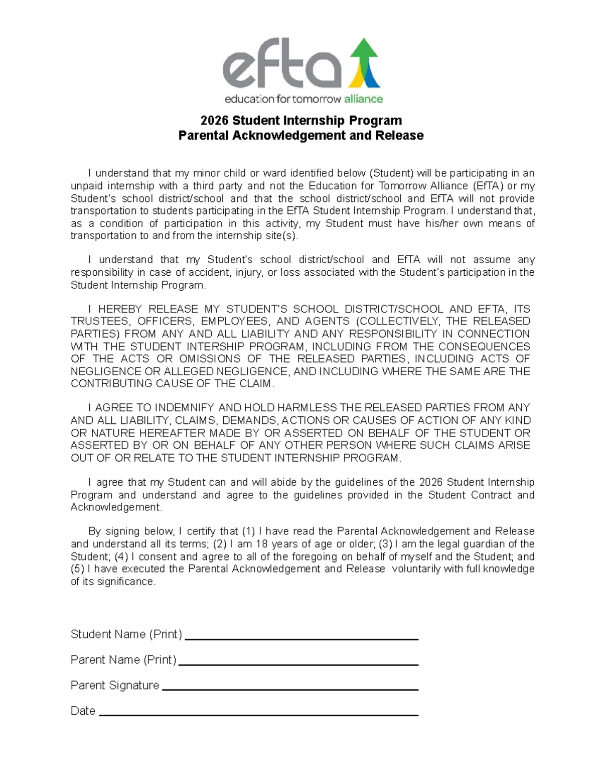 2026 Student Internship Program: Parental Acknowledgement & Release ...