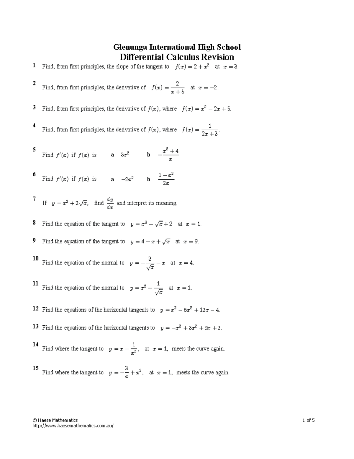 Differential Calculus Revision - Glenunga International High School ...