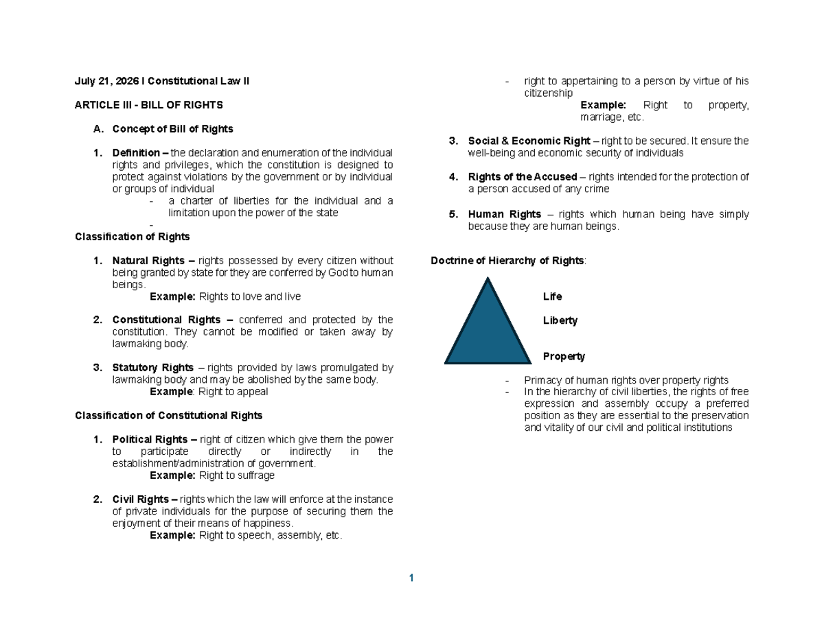 Constitutional Law II (Final Exam) Reviewer: Bill of Rights & Due ...