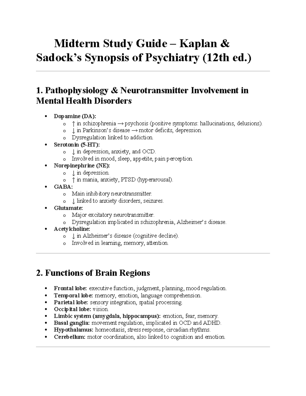 Midterm Study Guide: Kaplan Psychiatry Synopsis (12th ed.) - Studocu