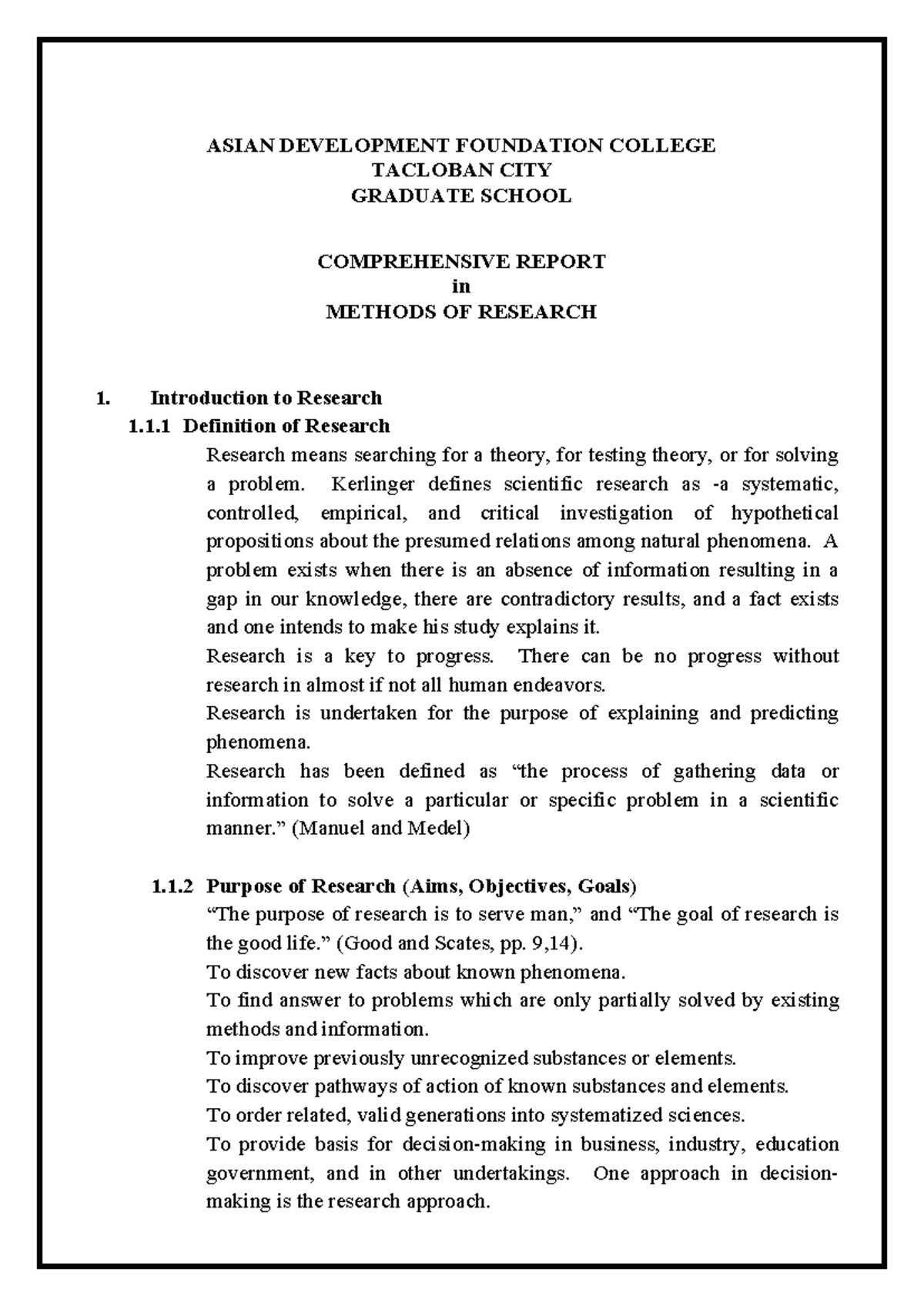 Comprehensive Report on Methods of Research 1 - ADF College - Studocu