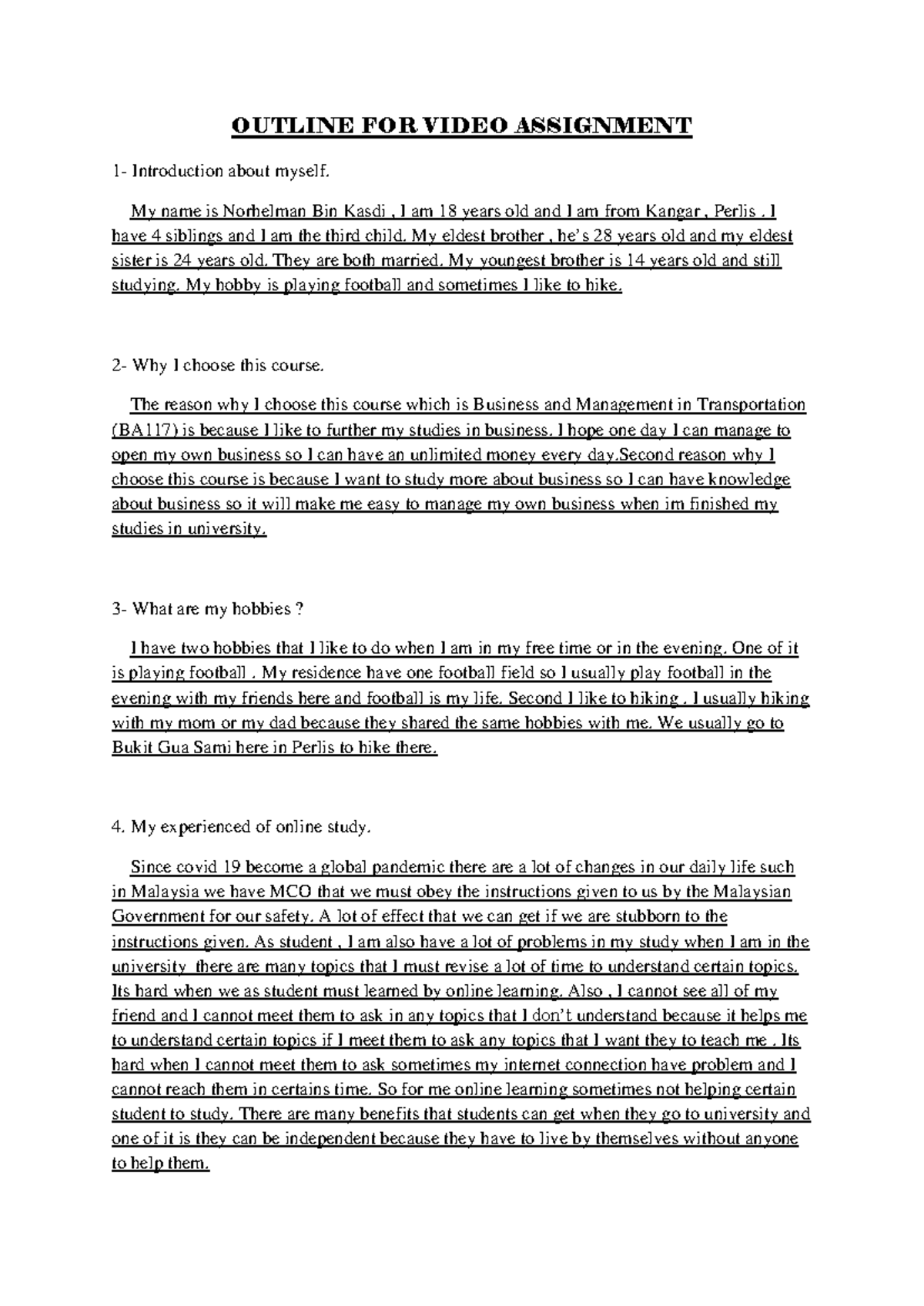 Outline for Video Assignment: Personal Journey in BA117 Course - Studocu