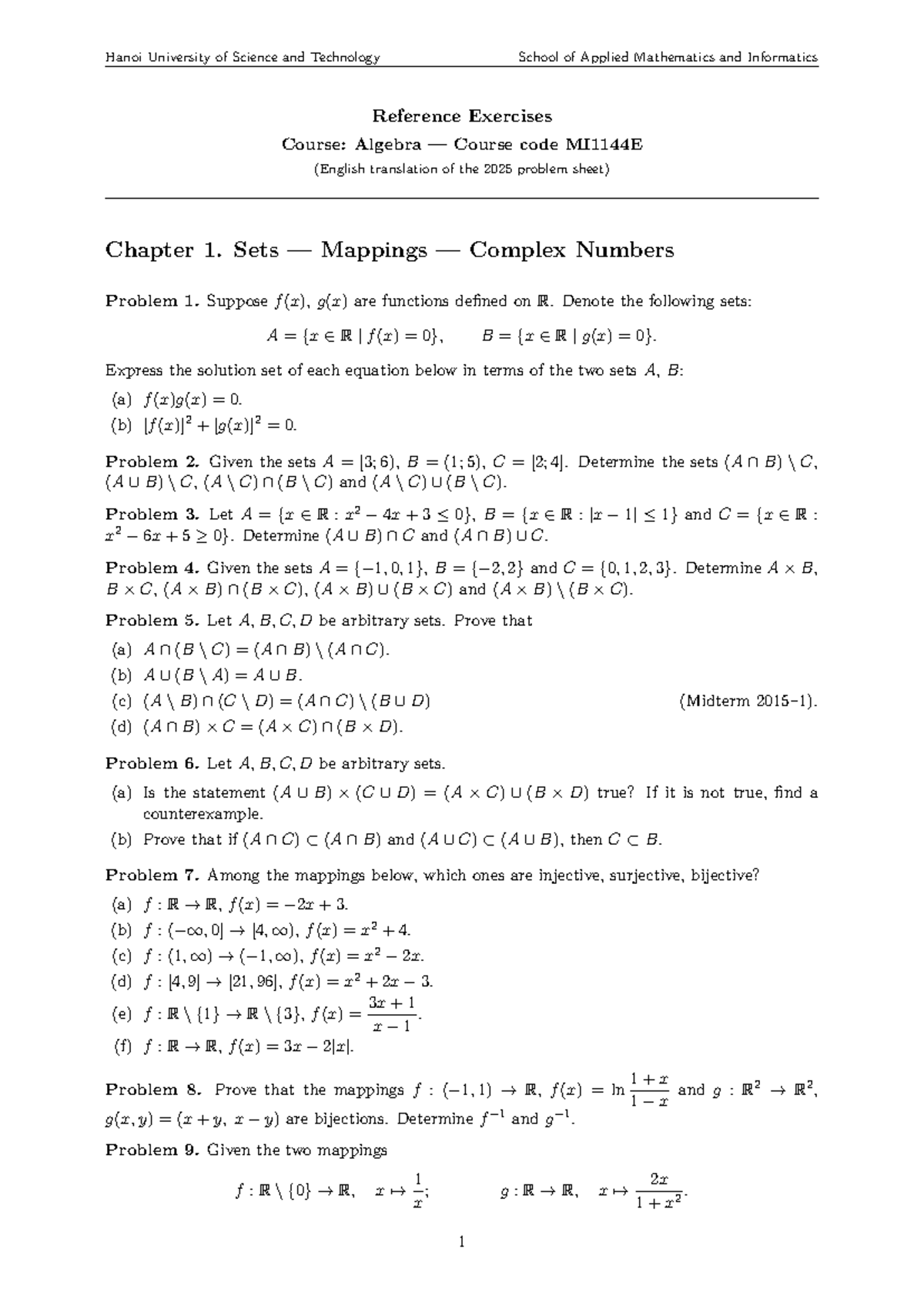 BTTK MI1144E - Algebra Midterm Exercises and Solutions - Studocu