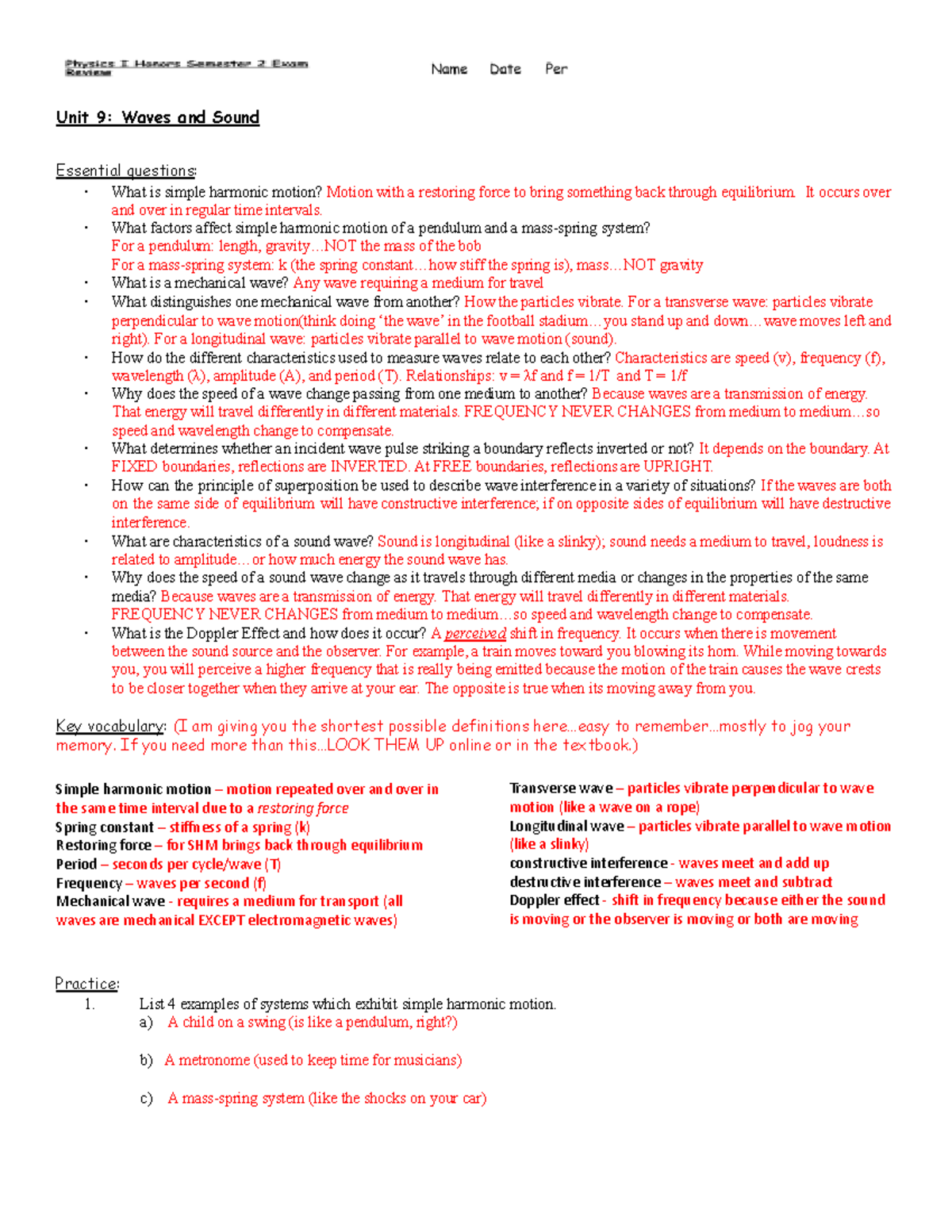 Physics I Honors Semester 2 Final Exam Review & Solutions - Studocu