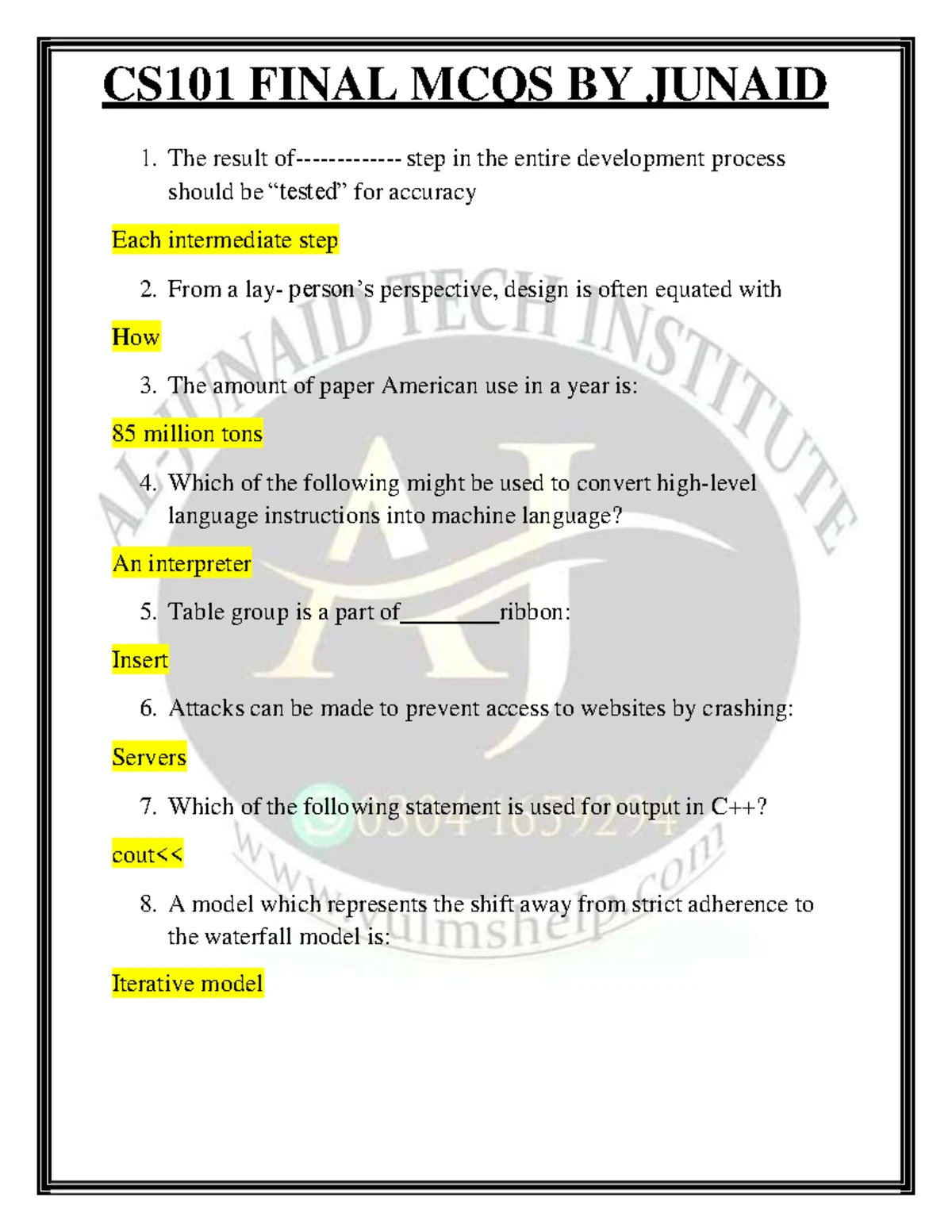 CS201 FINAL MCQs Solved by Junaid - Studocu